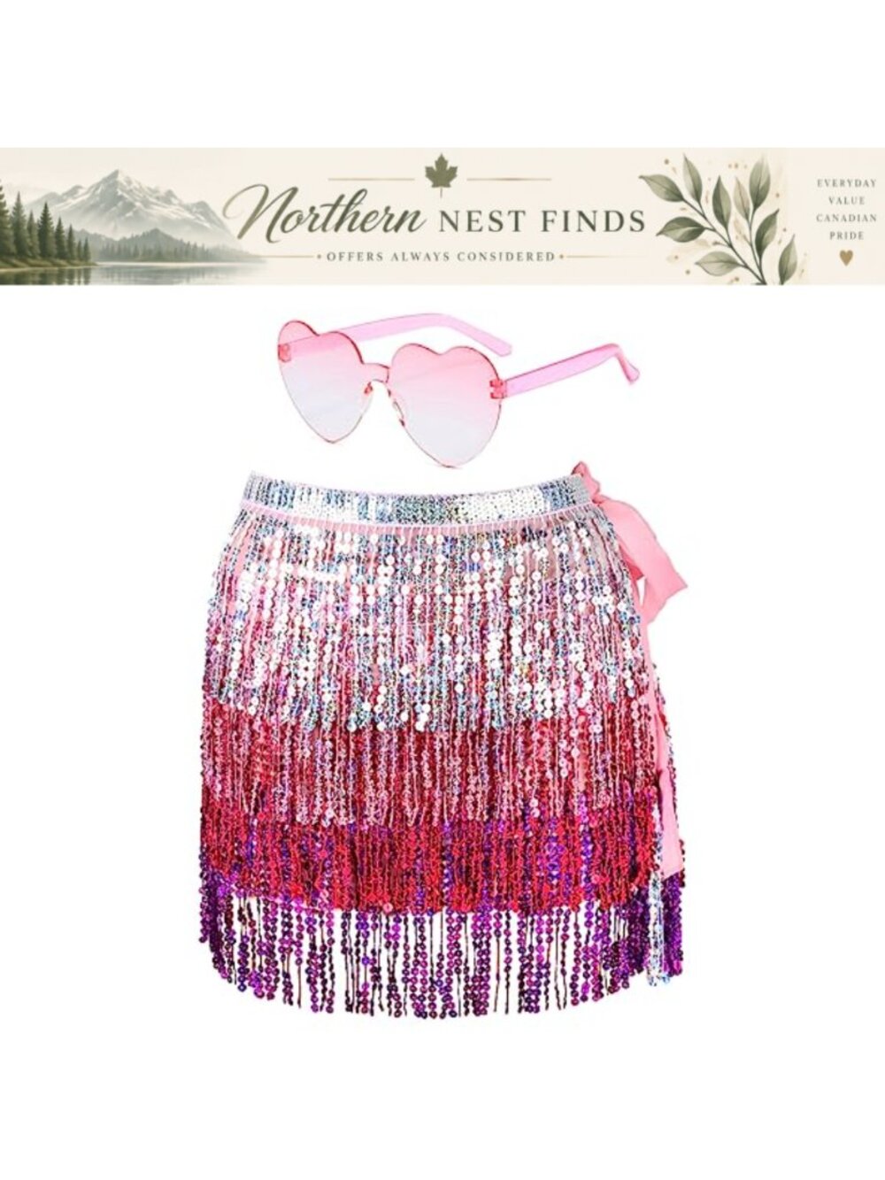 Sequin Fringe Belly Dance Skirt Heart Sunglasses Set 100% Polyester
